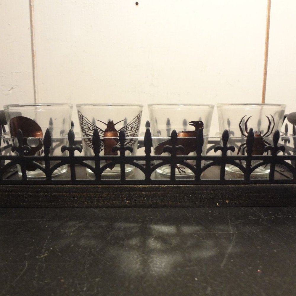 Halloween Skull, Spider, Raven, Moth 5pc. Shot glass Caddy